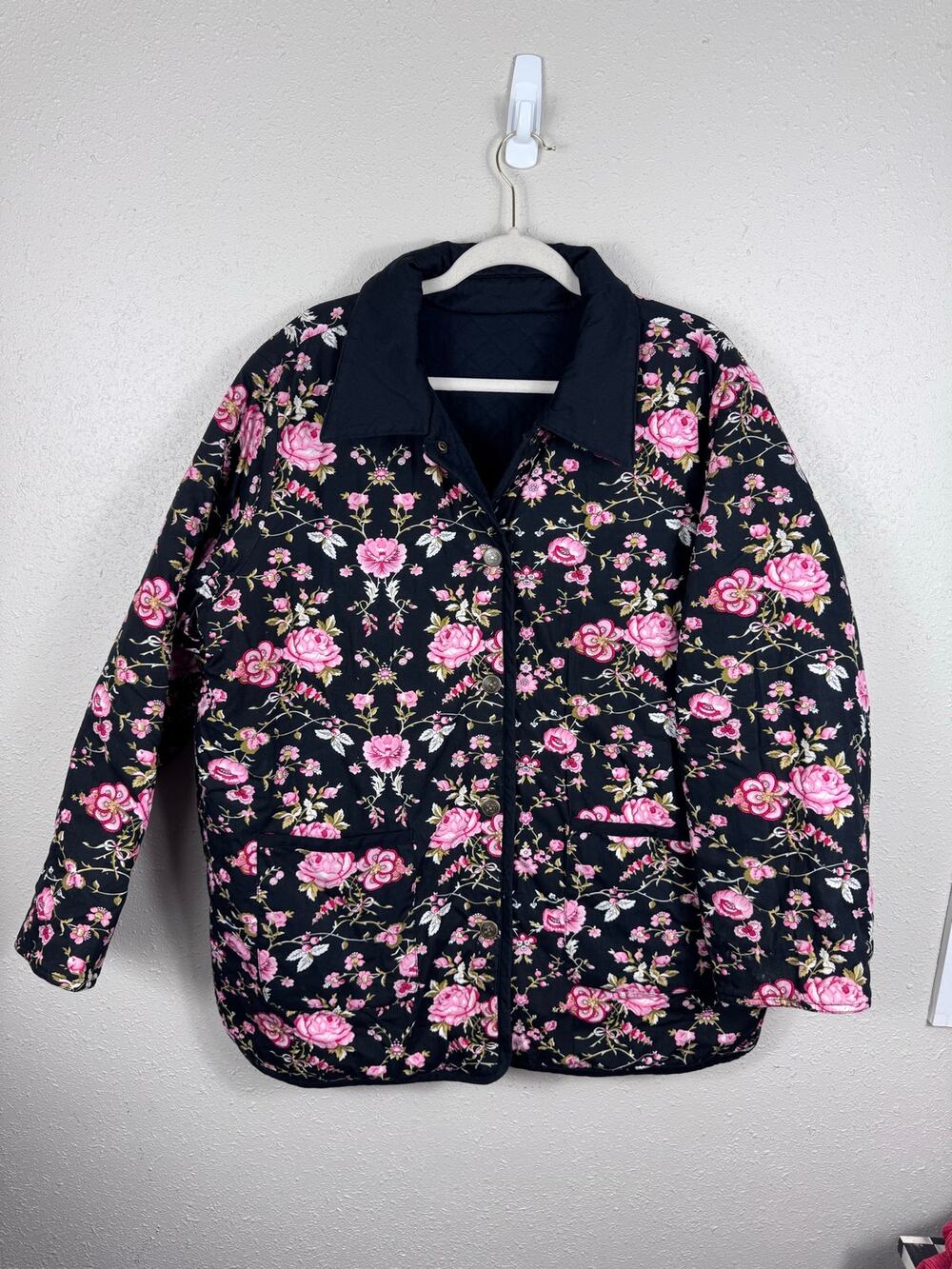 Denim & Co. Reversible Quilted Floral & Black Coat Womens Size 2X